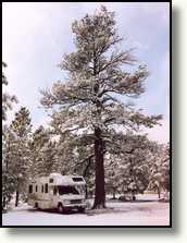 Our RV in the snow on the campground near Bryce Canyon NP